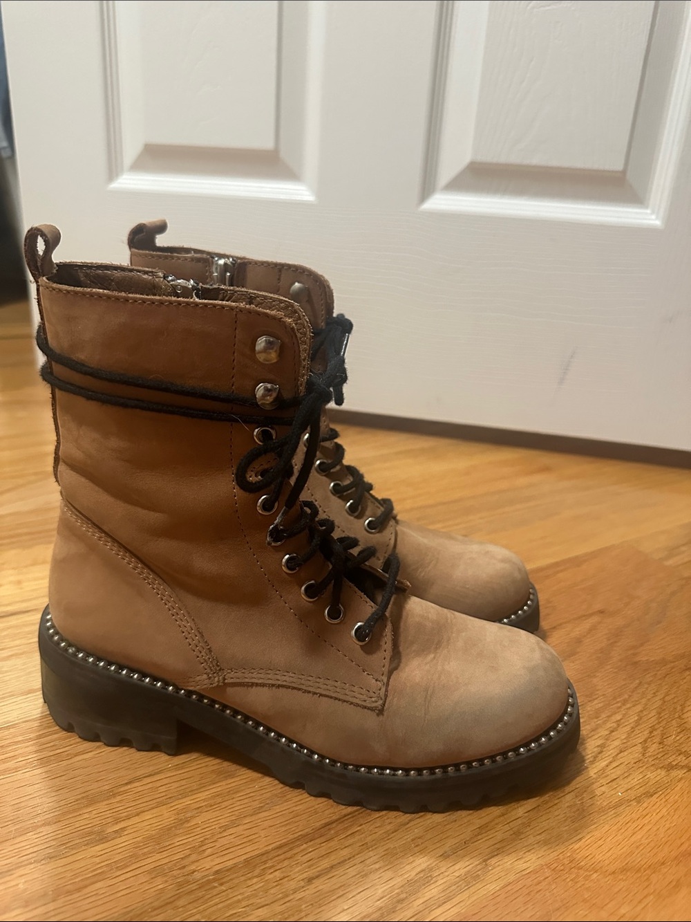 Aqua Tan Lace-Up Combat Boots with Black Laces